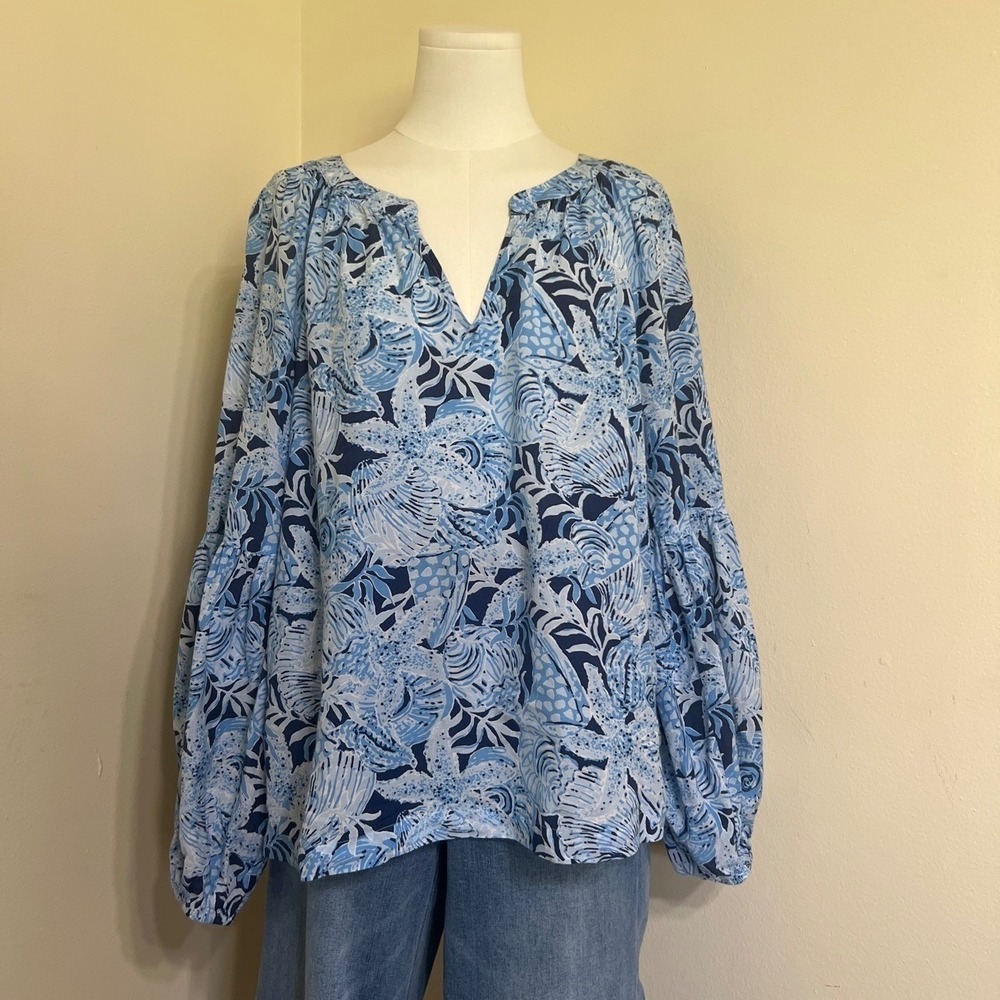 Lilly Pulitzer Blue White Starfish Shell Print Balloon Sleeve Blouse Large